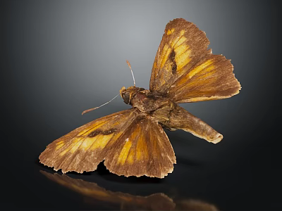 Brown and Yellow Butterfly with Spread Wings on Dark Background and Reflection 3d model