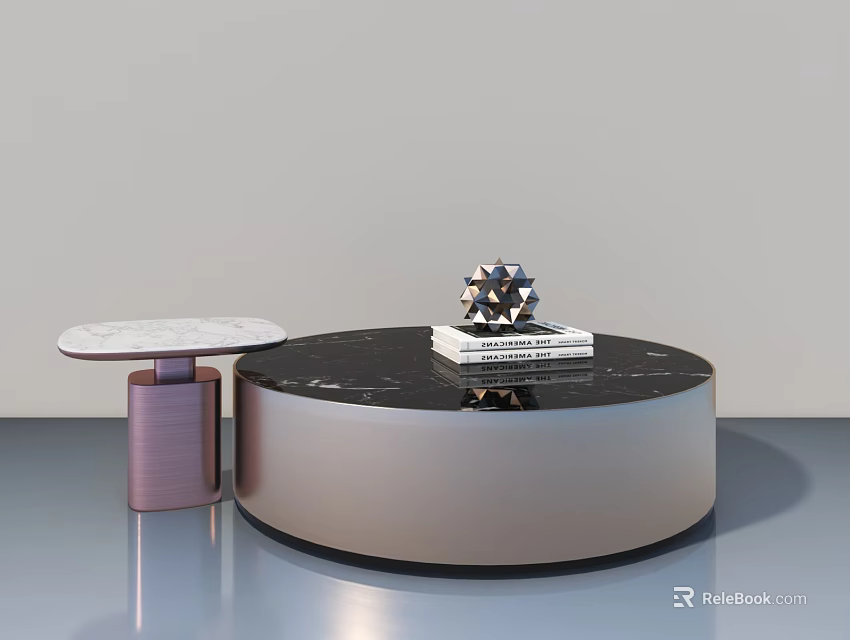 Modern Sofa Coffee Table Set With Round Black Marble Top Metal Base And Side Table 3d model