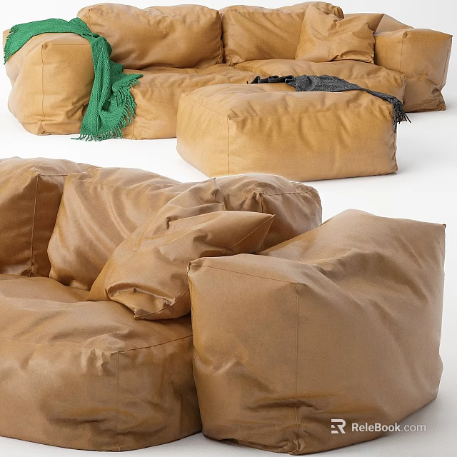 Comfortable Brown Two Seater Sofa Featuring Bean Bag Style Pillows And Green Blanket 3d model 