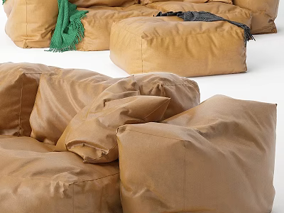 Comfortable Brown Two Seater Sofa Featuring Bean Bag Style Pillows And Green Blanket 3d model