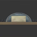 Cartoon Scene Featuring Blue Arched Structure Paved Roadway Brown Ground And Small Colorful Markers