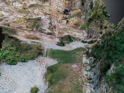 Aerial View Of Steep Rocky Terrain With Lush Green Vegetation And Path Near Water 3d model