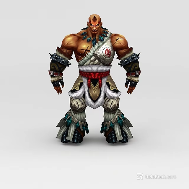Muscular Warrior Man Wearing White Red Decorative Armor With Tribal Tattoos And Leg Guards 3d model 