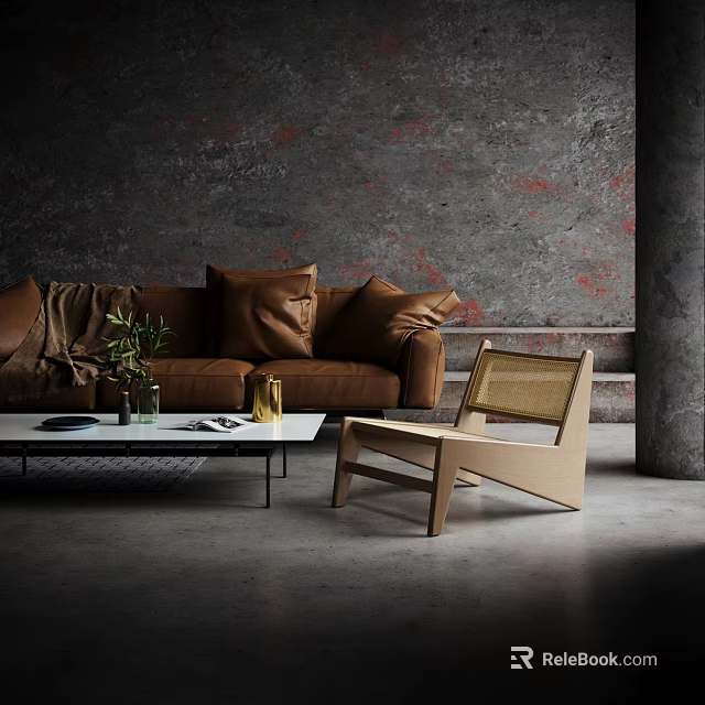 Stylish Coffee Table With Brown Leather Sofa Wicker Chair Gray Textured Wall And Concrete Floor 3d model 