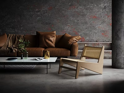 Stylish Coffee Table With Brown Leather Sofa Wicker Chair Gray Textured Wall And Concrete Floor 3d model