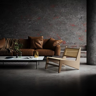 Stylish Coffee Table With Brown Leather Sofa Wicker Chair Gray Textured Wall And Concrete Floor 3d model