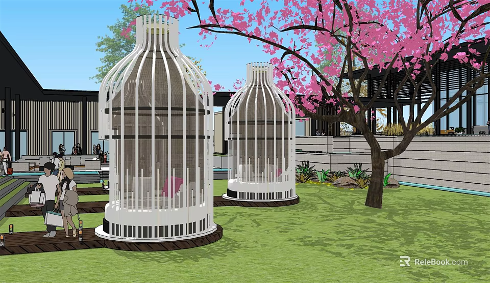 Modern Sales Office Building With Cage Like Structure On Lawn And Cherry Blossom Tree 3d model 