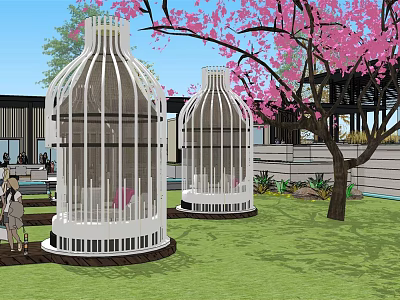 Modern Sales Office Building With Cage Like Structure On Lawn And Cherry Blossom Tree 3d model