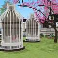 Modern Sales Office Building With Cage Like Structure On Lawn And Cherry Blossom Tree
