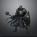 A Man in Medieval Armor Holding Mace and Skull Shield with Blue Cloak