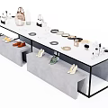 Modern Display Shelves with White Countertop and Gray Base Showcasing Bags Shoes Cosmetics and Accessories