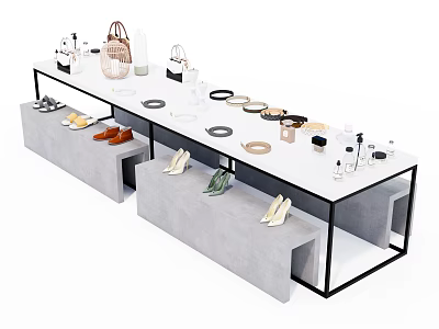 Modern Display Shelves with White Countertop and Gray Base Showcasing Bags Shoes Cosmetics and Accessories 3d model