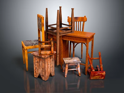 Vintage Wooden Outdoor Table with Carved Designs and Various Old Furniture Pieces 3d model