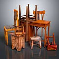 Vintage Wooden Outdoor Table with Carved Designs and Various Old Furniture Pieces