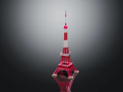 Red and White Eiffel Tower Decorative Ornament Set with Shiny Metallic Design and Reflective Base 3d model