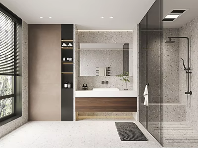 Modern Bathroom Design With Open Layout Marble Vanity Glass Shower And Wooden Cabinets 3d model