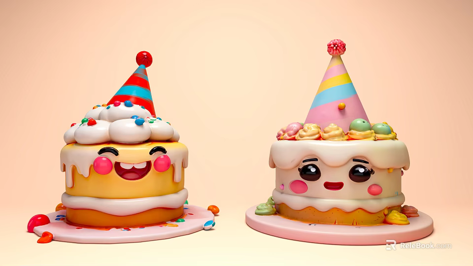 Cartoon Style Cake Art Installation With Party Hats Smiling Faces And Colorful Decorations 3d model 