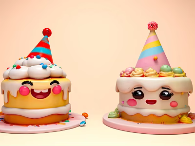 Cartoon Style Cake Art Installation With Party Hats Smiling Faces And Colorful Decorations 3d model