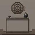 Chinese Wooden Console Table With Dark Vase Branches Bowl Books And Octagonal Lattice Wall Decor
