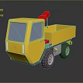 Small Yellow Utility Vehicle with Open Cargo Bed and Red Crane Attachment