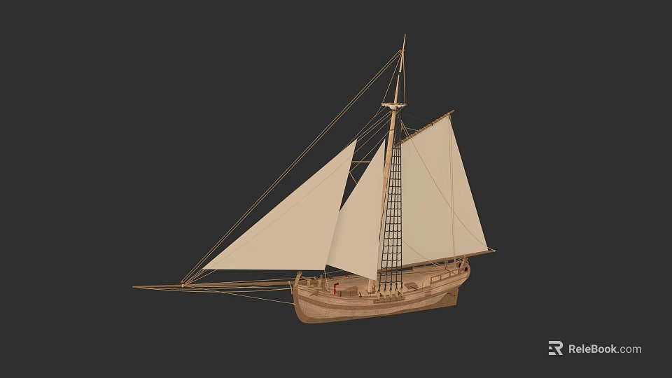 Ancient Warship Sailing Model Featuring Wooden Structure White Sails And Tall Masts 3d model