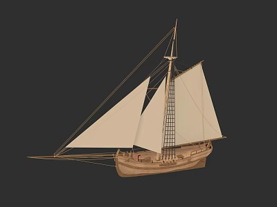 Ancient Warship Sailing Model Featuring Wooden Structure White Sails And Tall Masts 3d model