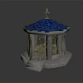 Cartoon Scene of Small Pavilion with Blue Roof Cross and Gray Stone Pillars