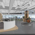 Modern Office Lounge Area with Large Windows City View Green Plants and Comfortable Sofas
