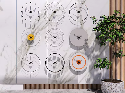 Multiple Modern Wall Clocks With Geometric Patterns On Marble Wall And Green Plant Decoration 3d model