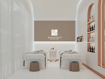 Modern SPA Salon Interior With Two Treatment Beds And Shelves 3d model