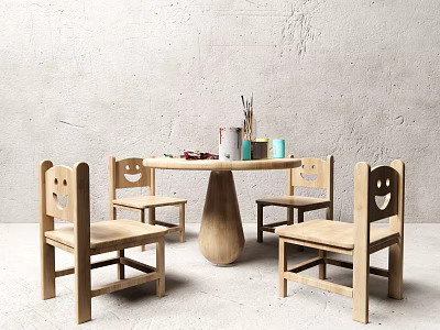 Playful Wooden Kids Table with Round Top Smiley Face Chairs and Paints Brushes 3d model