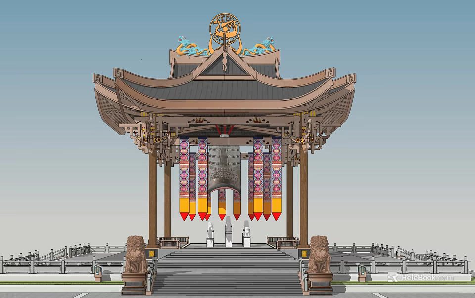 Traditional Chinese Architectural Gate With Ornate Roof Dragon Decorations Colorful Banners And Stone Lions 3d model 