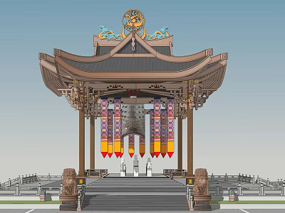 Traditional Chinese Architectural Gate With Ornate Roof Dragon Decorations Colorful Banners And Stone Lions 3d model