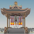Traditional Chinese Architectural Gate With Ornate Roof Dragon Decorations Colorful Banners And Stone Lions