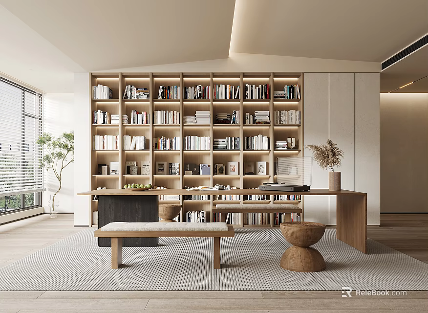 Modern Study Room Interior With Built-in Bookshelves Filled With Books Large Windows And Wooden Desk 3d model 