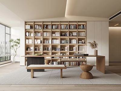 Modern Study Room Interior With Built-in Bookshelves Filled With Books Large Windows And Wooden Desk 3d model