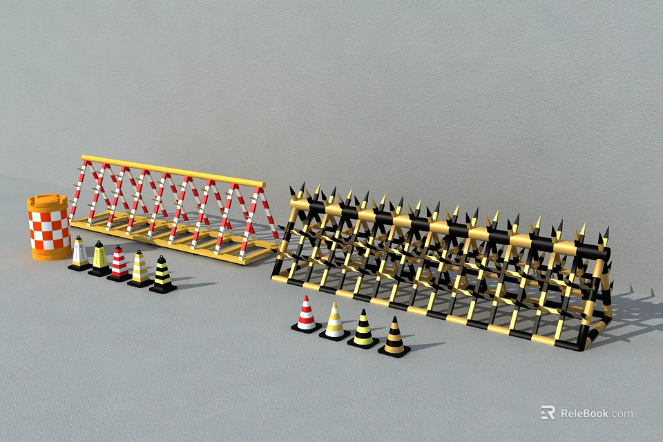 Road Traffic Safety Equipment Including Spiked Barriers Cones And Reflective Stripes 3d model 