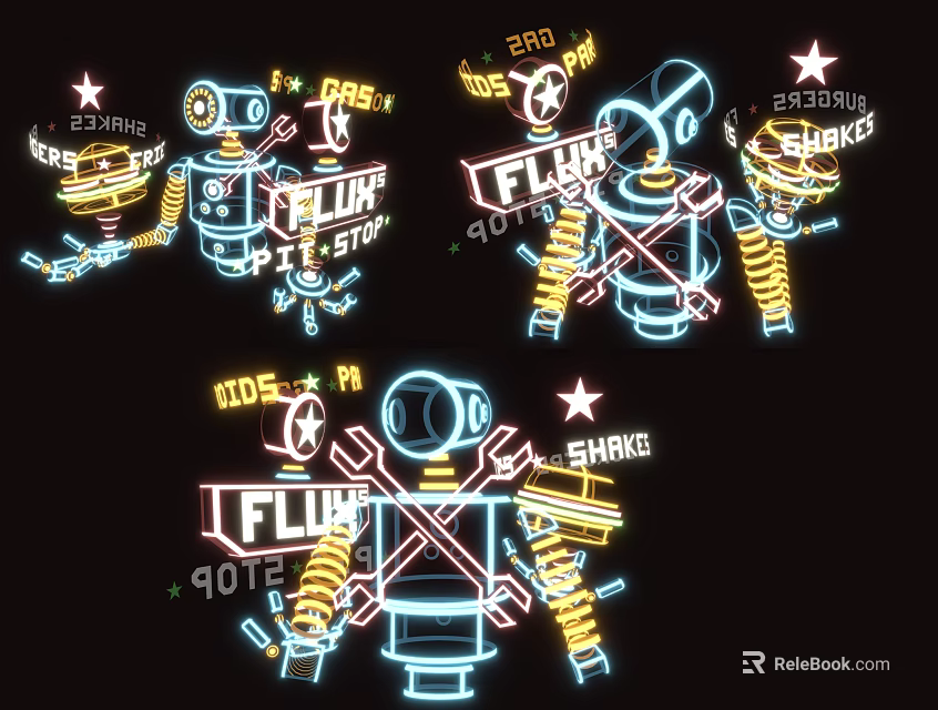 Neon Style Robot Shaped Decorative Lights on Black Background with Star Patterns and Text 3d model 