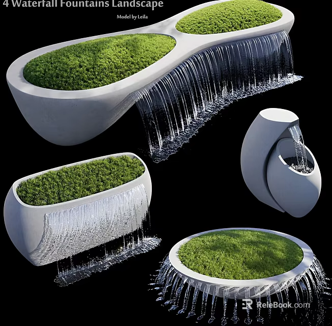 Decorative Garden Water Features With White Containers Green Grass And Flowing Water 3d model 