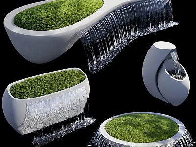 Decorative Garden Water Features With White Containers Green Grass And Flowing Water 3d model