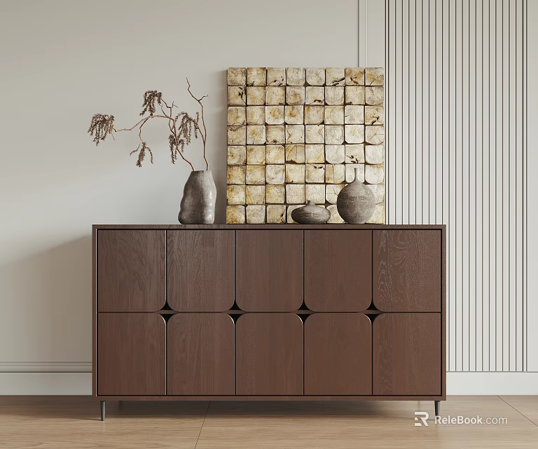 Wooden Console Cabinet with Multiple Doors Drawers Vases Dried Branches Decorative Panel Wall 3d model