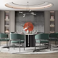 Elegant Restaurant Interior With Round Dining Table Green Chairs And Red Circular Artwork 3d model