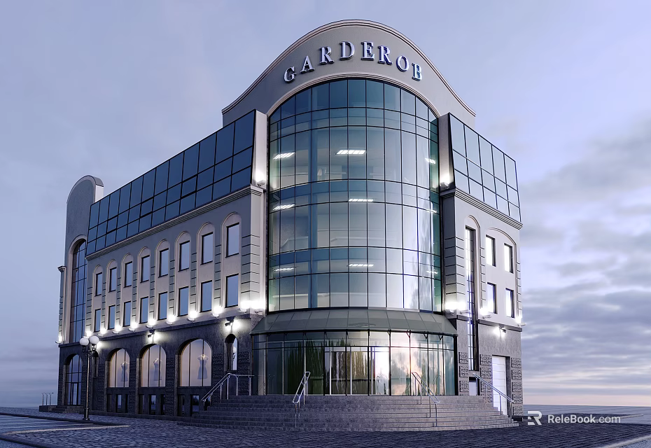Gardenrose Modern Hotel Building With Glass Facade And Exterior Lighting Design 3d model 