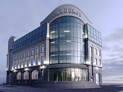Gardenrose Modern Hotel Building With Glass Facade And Exterior Lighting Design 3d model