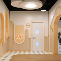 Kindergarten Classroom Interior With Round Lights Wooden Tables Shelves Digital Clock And Colorful Decor