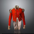 Red Military Jacket With Gold Buttons Epaulets Cuff Decorations And Light Colored Pants