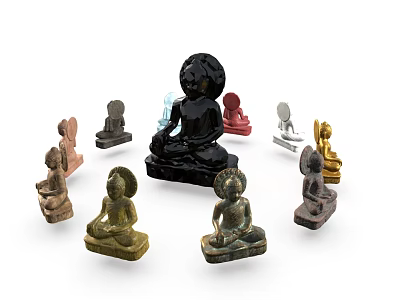Colorful Buddha Sculpture Collection With Large Central Figure And Surrounding Small Carvings 3d model