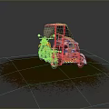 Tricycle Red Frame Canopy Decorative Details Parked On Muddy Grassy Circular Area With Gray Background