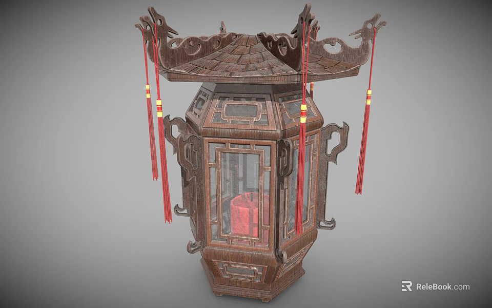 Traditional Chinese Wooden Lantern Style Furniture With Carved Details And Red Tassels 3d model 