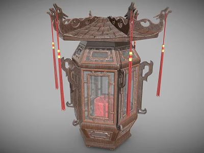 Traditional Chinese Wooden Lantern Style Furniture With Carved Details And Red Tassels 3d model